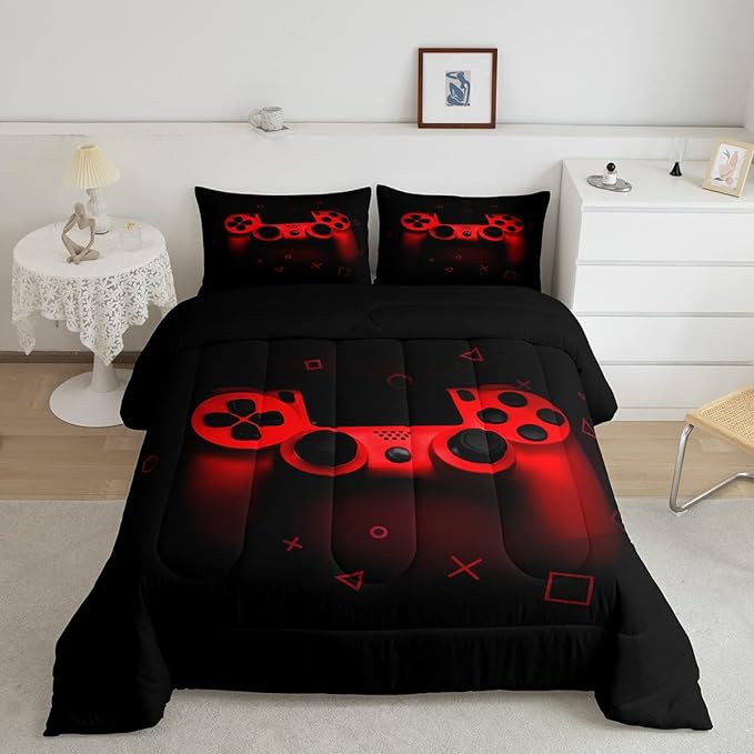 Boys Gamer Comforter Set Twin Size,Gamepad Bedding Set Kids Young Man Video Games Down Comforter for Teen Child Game Room Decor Black Red Classic Retro Gaming Quilted Duvet Set with Pillowcase - LeafyLoom