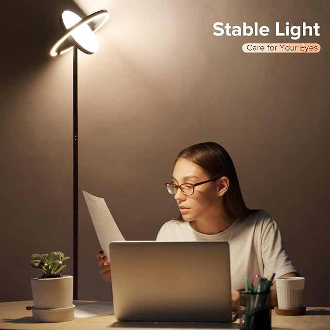 FIMEI Floor Lamp, Sky Modern Bright Standing Lamp with Rotatable Outer Ring Light, 3 Color Temperature and Stepless Dimming, Remote/Touch Independent Control for Living Room Bed Room Office, Black - LeafyLoom