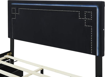 RITSU Queen Size Modern Upholstered Platform Bed with LED Bedframe and 4 Drawers Storable, Rivet-Decorated Headboard, No Box Spring Required, for Living Room, Apartment, Black - LeafyLoom