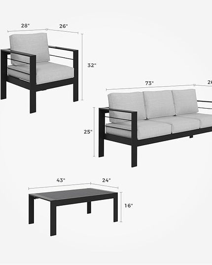 Solaste Aluminum Patio Furniture Set, 4 Pcs Modern Outdoor Conversation Set Sectional Sofa with Upgrade Cushion and Coffee Table,Black Frame and Grey Cushion - LeafyLoom