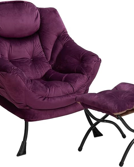 HollyHOME Fabric Lazy Chair with Foldable Ottoman, Accent Comfy Lounge Arm Chair and Folding Footrest Stool Set, Leisure Sofa Reading Chair and Footstool for Living Room, Bedroom, Dorm, Deep Purple - LeafyLoom