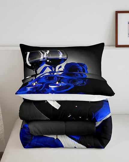 Girly 3D Rose Queen Comforter Set for Teens Rose Floral Wine Glass Bedding Sets Bedroom Decor Blue Flowers Down Comforter Couple Valentine's Day Duvet Insert Black Grey Quilted Comforter, 3Pcs - LeafyLoom