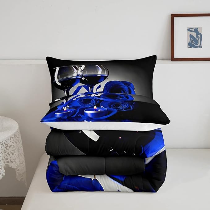 Blue Rose Comforter for Girls Boys Romantic 3D Rose Bedding Set King Wine Glass Blossom Floral Quilt Set Women Men Adult Gray Black Duvet Insert, Flower Petals Valentine's Day Bedding Comforter Sets - LeafyLoom