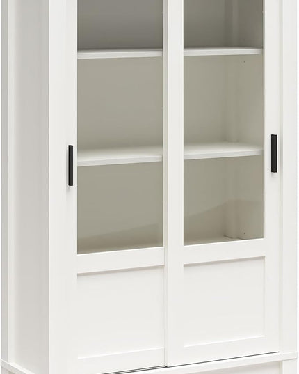 Ameriwood Home Chapel Hill Rustic Farmhouse Bookcase Cabinet with Sliding Glass Doors, White with Brown Oak Top - LeafyLoom