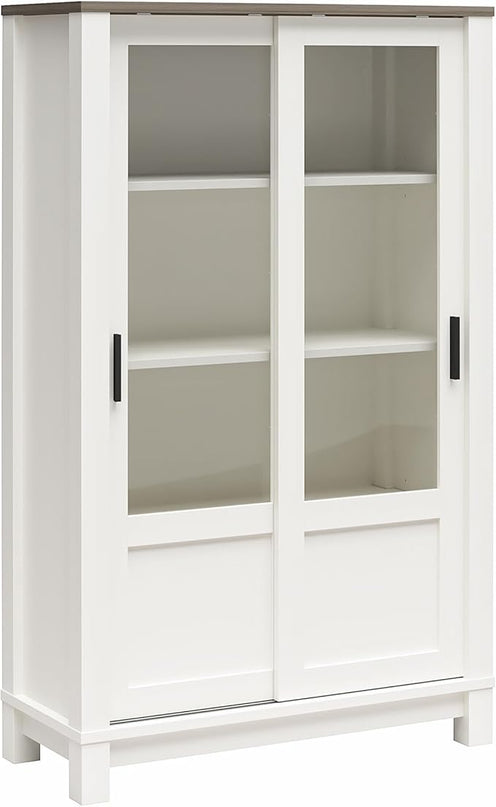 Ameriwood Home Chapel Hill Rustic Farmhouse Bookcase Cabinet with Sliding Glass Doors, White with Brown Oak Top - LeafyLoom