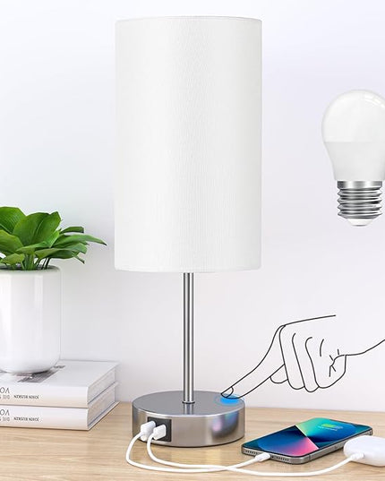 AKASUKI Table Lamp for Bedroom, 3 Way Dimmable Touch Lamp with Dual Charging Station, Small Bedside Lamps for Night Stands, Living Room, Office(LED Bulb Included) - LeafyLoom