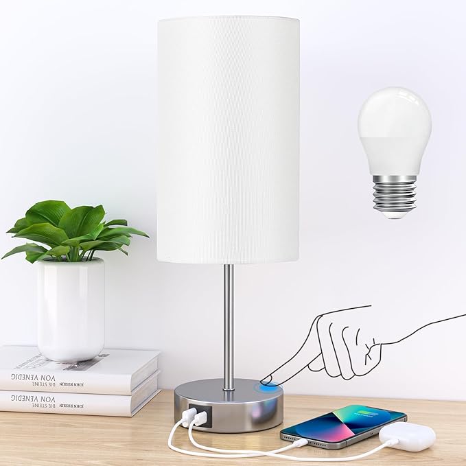 AKASUKI Table Lamp for Bedroom, 3 Way Dimmable Touch Lamp with Dual Charging Station, Small Bedside Lamps for Night Stands, Living Room, Office(LED Bulb Included) - LeafyLoom