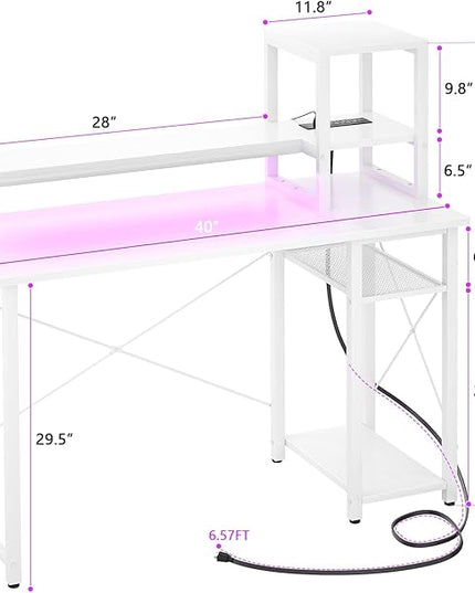 armocity 2024 Upgrade Gaming Desk with LED Lights, Small Computer Desk with Long Monitor Stand, 40'' Reversible Laptop Table with Storage Shelves, Small Desk for Small Spaces, Gaming Room, White - LeafyLoom