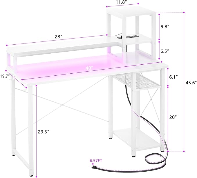 armocity 2024 Upgrade Gaming Desk with LED Lights, Small Computer Desk with Long Monitor Stand, 40'' Reversible Laptop Table with Storage Shelves, Small Desk for Small Spaces, Gaming Room, White - LeafyLoom