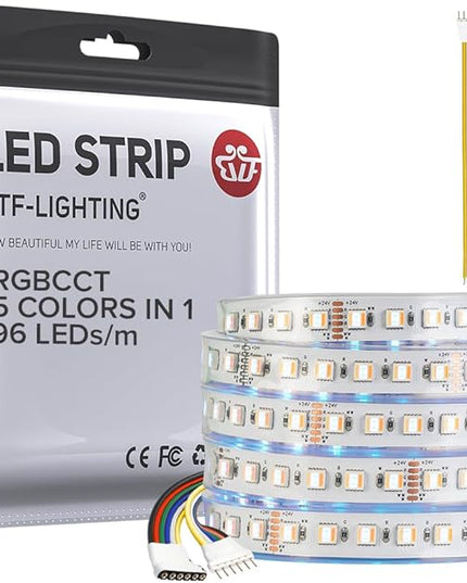BTF-LIGHTING RGBCCT 5 Colors in 1 LED Tape Lights 5050SMD RGBWW RGB+Dimmable Color Temperature 2700K-6500K 16.4ft 96LED/m 480LED IP67 DC24V White PCB for Home Decoration(No Adapter or Controller) BTF-LIGHTING
