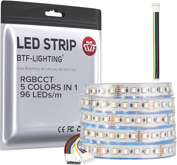 BTF-LIGHTING RGBCCT 5 Colors in 1 LED Tape Lights 5050SMD RGBWW RGB+Dimmable Color Temperature 2700K-6500K 16.4ft 96LED/m 480LED IP67 DC24V White PCB for Home Decoration(No Adapter or Controller) BTF-LIGHTING
