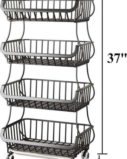 Wisdom Star 5 Tier Fruit Vegetable Basket for Kitchen with Wooden Tabletop, Storage Cart Vegetable Basket Bins for Onions and Potatoes, Wire Storage Basket Organizer Utility Cart with Wheels, Black - LeafyLoom