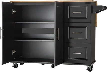 Mobile Kitchen Island with Extensible Rubber Wood Table Top,Adjustable Shelf Inside, Cabinets Cart w/ 3 Storage Drawers,Spice Towel-Rack,for Dining Room Bar,Black, 53.93" L x 17" W x 36.22" H - LeafyLoom