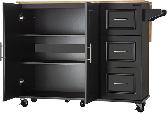 Mobile Kitchen Island with Extensible Rubber Wood Table Top,Adjustable Shelf Inside, Cabinets Cart w/ 3 Storage Drawers,Spice Towel-Rack,for Dining Room Bar,Black, 53.93" L x 17" W x 36.22" H - LeafyLoom