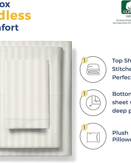 THREAD SPREAD Striped Egyptian Cotton Sheets Twin XL Size - 600 Thread Count 3 PC Damask Twin XL Sheets Deep Pockets, Sateen Weave College Dorm Bedding Twin XL, Fits Mattress upto 18" - Ivory Stripe - LeafyLoom