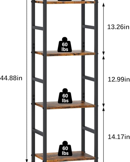 4 Tier Bookshelf, Small Book Shelf Industrial Bookcase, Metal Narrow Book Case Book Storage Organizer,Bookshelves for Bedroom Office Living Room(4 Tier,Rustic Brown) - LeafyLoom