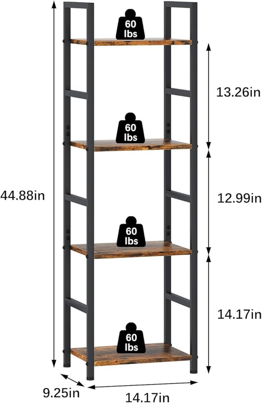 4 Tier Bookshelf, Small Book Shelf Industrial Bookcase, Metal Narrow Book Case Book Storage Organizer,Bookshelves for Bedroom Office Living Room(4 Tier,Rustic Brown) - LeafyLoom