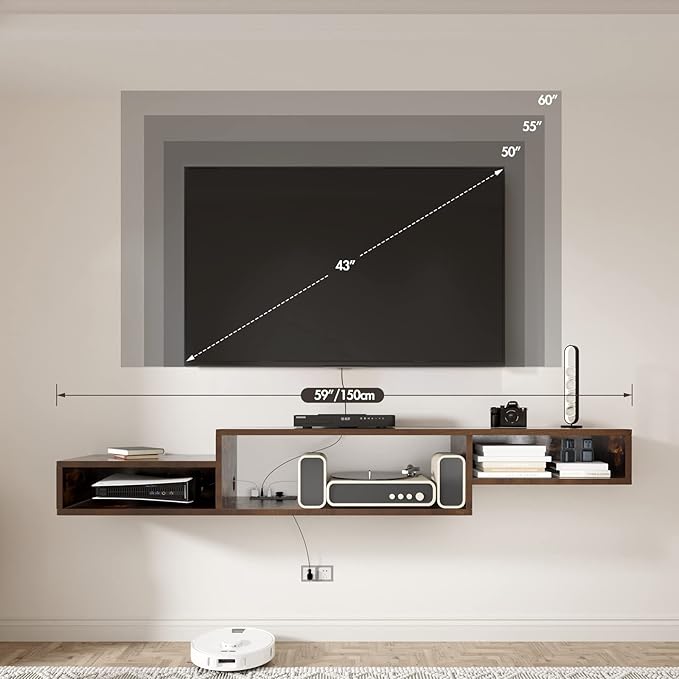Floating TV Stand Wall Mounted with Power Outlet 59", Floating Entertainment Center, Wood Media Console Shelf for Under TV Storage for Living Room Bedroom Office Rustic Brown - LeafyLoom
