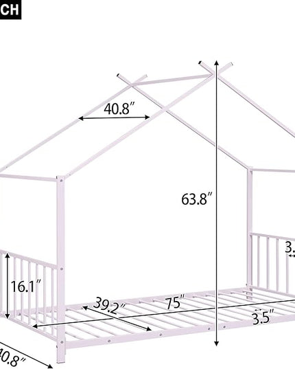 Twin Size Kids Montessori Floor Bed,House Bed Frame with High Headboard,Twin Floor Bed with Roof for Boys Girls,Floor Bed Metal Frame (Pink) - LeafyLoom
