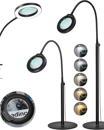 8X Stand Magnifying Glass with Light, Veemagni 24" Flexible Gooseneck 5 Color Modes Stepless Dimmable Magnifying Floor Lamp, 3-in-1 Adjustable Lighted Magnifier Hands Free for Close Work, Esthetican - LeafyLoom