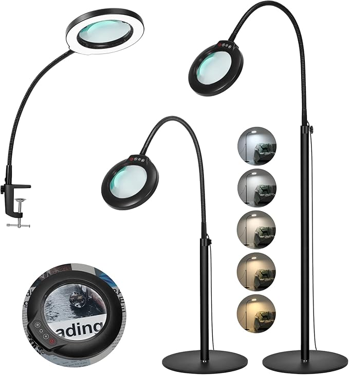 8X Stand Magnifying Glass with Light, Veemagni 24" Flexible Gooseneck 5 Color Modes Stepless Dimmable Magnifying Floor Lamp, 3-in-1 Adjustable Lighted Magnifier Hands Free for Close Work, Esthetican - LeafyLoom