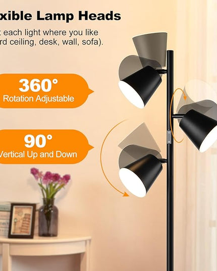 [2024 New]Dimmable LED Floor Lamp with Remote & Touch Control, 3 x 800LM Modern Tree Standing Lamp, 4 Color Temperatures, 3 Rotatable LED Light Floor Lamps for Living Room Bedroom Office-Matte Black - LeafyLoom