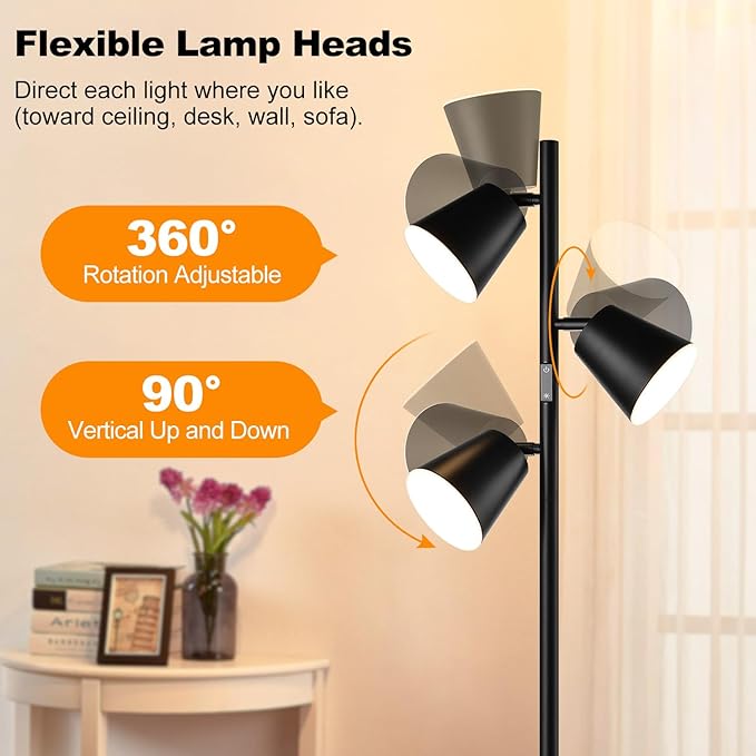 [2024 New]Dimmable LED Floor Lamp with Remote & Touch Control, 3 x 800LM Modern Tree Standing Lamp, 4 Color Temperatures, 3 Rotatable LED Light Floor Lamps for Living Room Bedroom Office-Matte Black - LeafyLoom