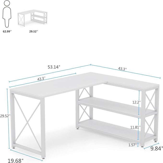 Tribesigns Reversible Industrial L-Shaped Desk with Storage Shelves, Corner Computer Desk PC Laptop Study Table Workstation for Home Office Small Space (White, 53") - LeafyLoom