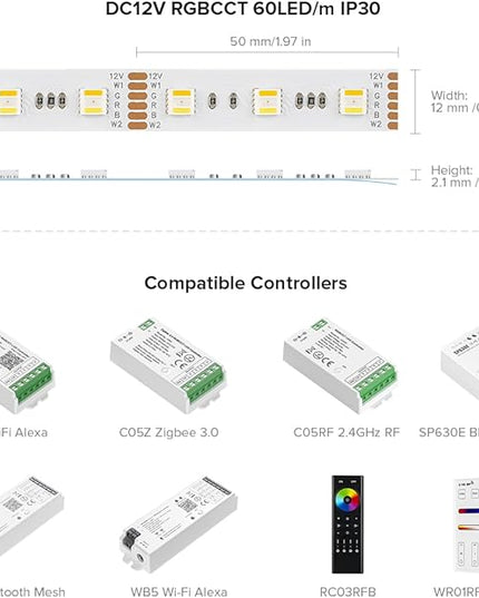 BTF-LIGHTING RGBCCT 5 Colors in 1 LED 5050SMD RGBWW RGB+Dimmable Tunable Color Temperature 2700K-6500K 16.4ft 60LEDs/m 300LEDs DC12V Multi-Colored Tape Lights IP30 White PCB(No Adapter or Controller) BTF-LIGHTING