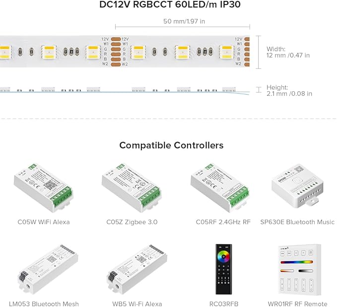 BTF-LIGHTING RGBCCT 5 Colors in 1 LED 5050SMD RGBWW RGB+Dimmable Tunable Color Temperature 2700K-6500K 16.4ft 60LEDs/m 300LEDs DC12V Multi-Colored Tape Lights IP30 White PCB(No Adapter or Controller) BTF-LIGHTING
