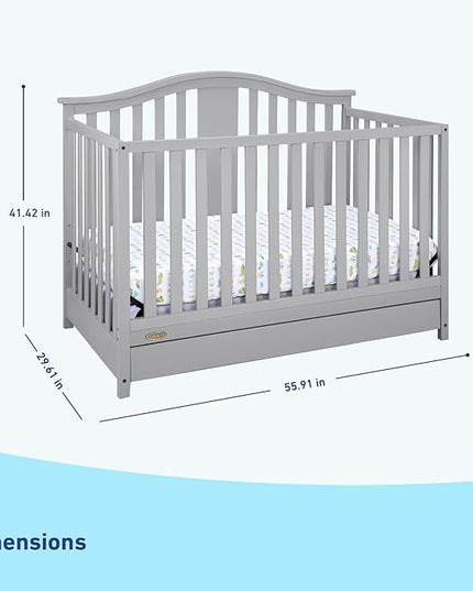 Graco Solano 4-in-1 Convertible Crib with Drawer (Pebble Gray) – GREENGUARD Gold Certified, Crib with Drawer Combo, Includes Full-Size Nursery Storage Drawer, Converts to Toddler Bed and Full-Size Bed - LeafyLoom