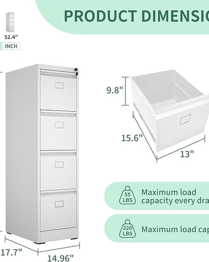 4 Drawer File Cabinet, Metal Vertical File Cabinets with Lock for Home Office, Heavy Duty Office Steel Filing Cabinet for Hanging Files for A4/ Legal/Letter,Assembly Required (White) - LeafyLoom