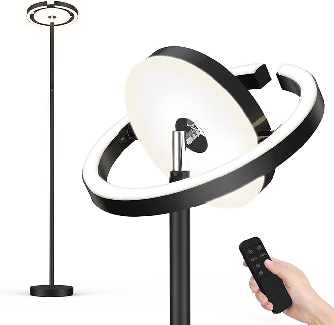 FIMEI Modern Floor Lamp, LED Bright Standing Lamp, Unique Rotatable Ring Design, Eye-Protecting Stepless Dimming, 3000K-6000K Color Temperatures, Touch/Remote Control, for Living Room Bedroom Office - LeafyLoom