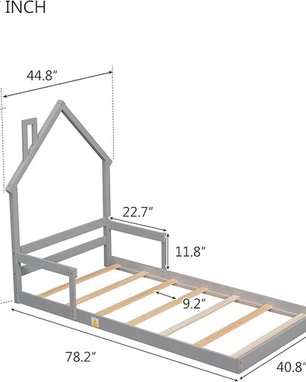 Bellemave Twin Size House-Shaped Headboard Floor Bed for Kids,Montessori Floor Bed with Handrails and Slats,Wood House Bed Twin for Girls,Boys(Twin,Grey) - LeafyLoom