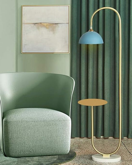 Hsyile KU300240 Modern Standing Light for Bedroom & Living Room Floor Lamp with a Table,LED Reading - Brushed Brass Finish and Blue Shade Bulb Included - LeafyLoom