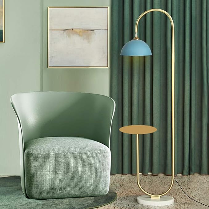 Hsyile KU300240 Modern Standing Light for Bedroom & Living Room Floor Lamp with a Table,LED Reading - Brushed Brass Finish and Blue Shade Bulb Included - LeafyLoom