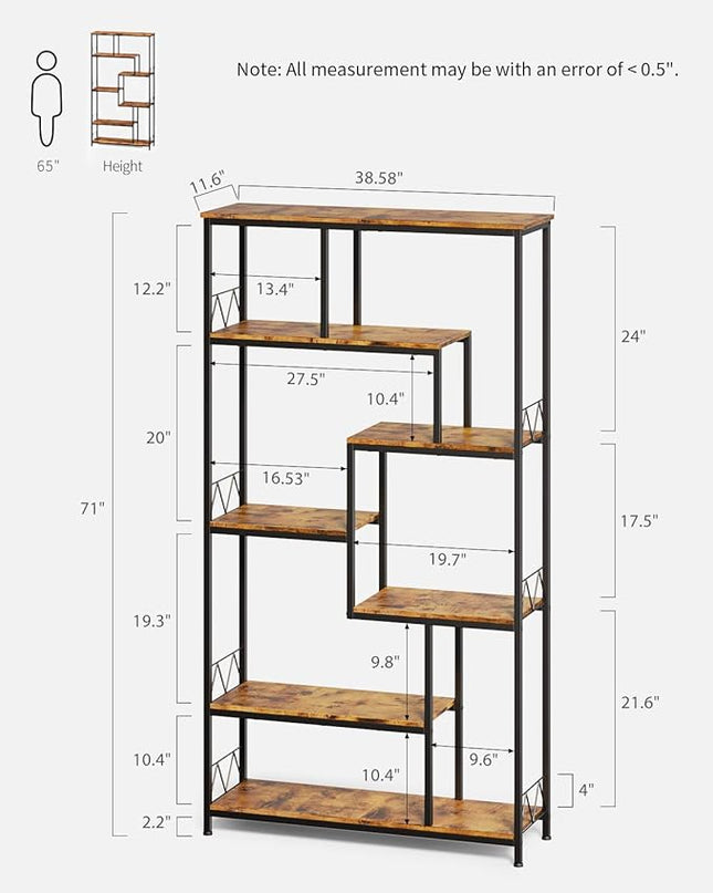 Gizoon 71” Industrial Bookshelves for Storage, Tall Display Etagere 8-Shelves for Bedroom, Metal Frame Staggered Bookcases for Bedroom, Living Room, Home Office, Retro - LeafyLoom