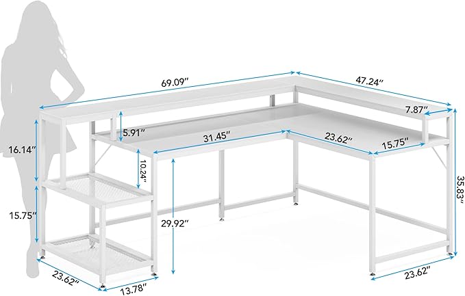 L-Shaped Computer Desk, White - LeafyLoom