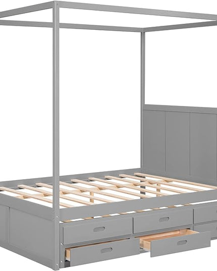 Queen Size Canopy Platform Bed with Twin Trundle and Three Storage Drawers, Wooden Daybed Frame Beds for Kids Teens Boys Girls,Gray - LeafyLoom