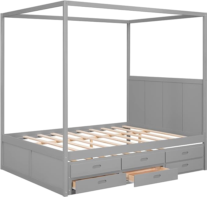 Queen Size Canopy Platform Bed with Twin Trundle and Three Storage Drawers, Wooden Daybed Frame Beds for Kids Teens Boys Girls,Gray - LeafyLoom