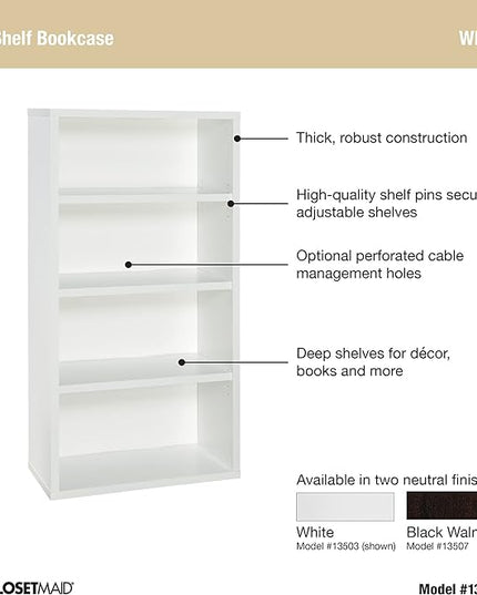 ClosetMaid Bookshelf with 4 Shelf Tiers, Adjustable Shelves, Tall Bookcase Sturdy Wood & 4 Cube Storage Shelf Organizer Bookshelf with Back Panel, Easy Assembly, Wood, White Finish - LeafyLoom
