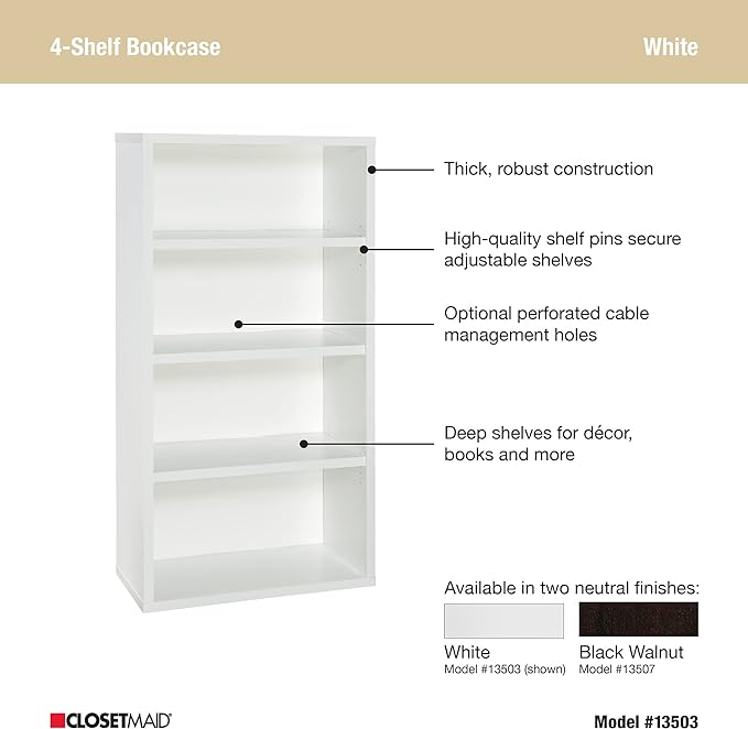 ClosetMaid Bookshelf with 4 Shelf Tiers, Adjustable Shelves, Tall Bookcase Sturdy Wood & 4 Cube Storage Shelf Organizer Bookshelf with Back Panel, Easy Assembly, Wood, White Finish - LeafyLoom