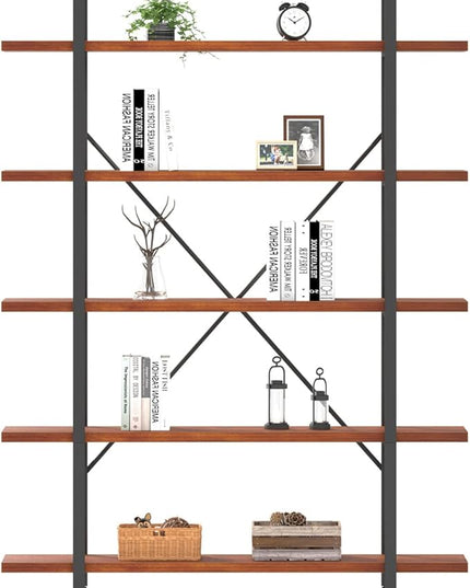 HSH Solid Wood 5 Shelf Bookshelf, Industrial Real Natural Wood Tall Etagere Bookcase, Modern Large Open Wide Big Metal Book Shelf with 5 tier Storage for Bedroom Living Room Home Office, Rustic Brown - LeafyLoom