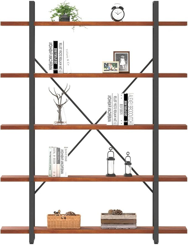 HSH Solid Wood 5 Shelf Bookshelf, Industrial Real Natural Wood Tall Etagere Bookcase, Modern Large Open Wide Big Metal Book Shelf with 5 tier Storage for Bedroom Living Room Home Office, Rustic Brown - LeafyLoom
