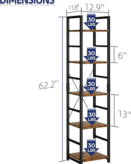 NUMENN 5 Tier Slim Bookshelf, Tall Bookcase Shelf Storage Organizer, Modern Book Shelf for Bedroom, Living Room and Home Office, Vintage - LeafyLoom