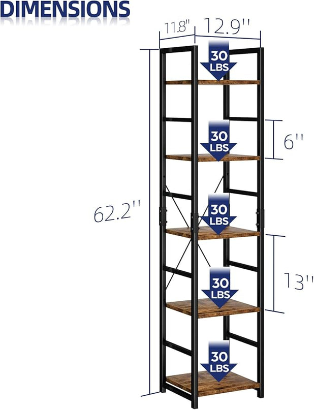 NUMENN 5 Tier Slim Bookshelf, Tall Bookcase Shelf Storage Organizer, Modern Book Shelf for Bedroom, Living Room and Home Office, Vintage - LeafyLoom