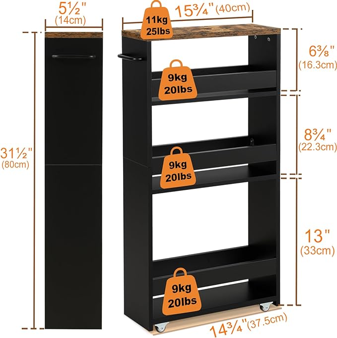 TEAMIX 4 Tier Slim Storage Cart with Handle, Small Kitchen Cart for Narrow Places,Rolling Laundry Cart on Wheels for Small Spaces - LeafyLoom