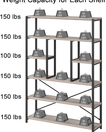 LVB Industrial 6 Tier Bookshelf, Large Tall Open Rustic Vintage Etagere Bookcase, Gray Big Wide Modern Farmhouse Wood and Metal Book Shelf for Home Bedroom Living Room Office Storage, Light Grey Oak - LeafyLoom