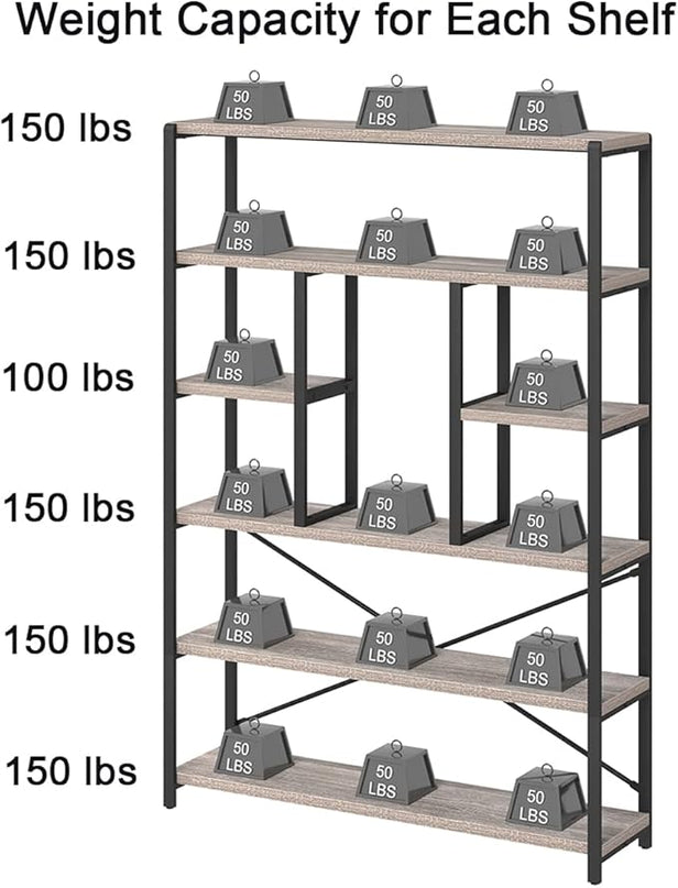 LVB Industrial 6 Tier Bookshelf, Large Tall Open Rustic Vintage Etagere Bookcase, Gray Big Wide Modern Farmhouse Wood and Metal Book Shelf for Home Bedroom Living Room Office Storage, Light Grey Oak - LeafyLoom