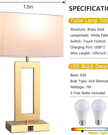 22’’ Set of 2 Touch Control Table Lamps w. 2 USB Ports, 3-Way Dimmable Bedroom Bedside Nightstand, Modern Gold&White Touch Lamps for Living Room End Table, LED Bulbs Included - LeafyLoom